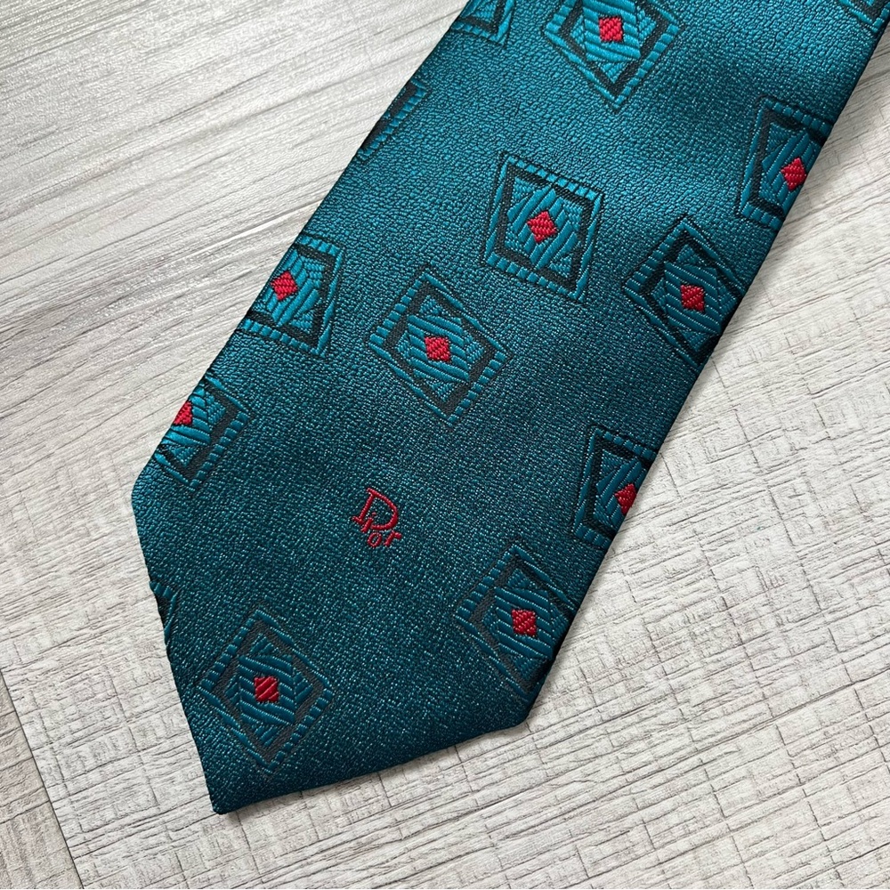 VINTAGE CHRISTIAN DIOR Silk Blend Teal Sheen Tie Pattern - Picture 5 of 10